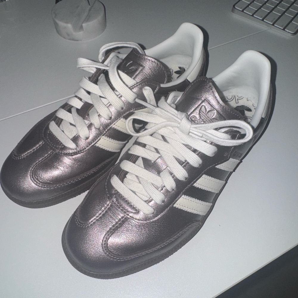 Adidas Shiny Silver and White Sneakers